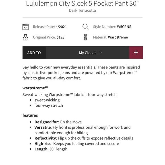 Lululemon City Sleek 5 pockets skinny pants, Dark terracotta, Size 28 H50 - Picture 4 of 11